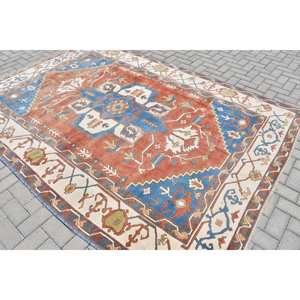 Tapis en laine fait main bleu rouge classique 6.6x9.4 pieds grande surface rectangle turc motif de couloir conception abstraite 10mm tapis de chambre en latex - Product Image 2