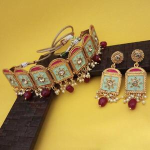 Kriaa สีเขียวและสีชมพู1113806 meenakari กับชุดสร้อยคอหินออสเตรียเครื่องประดับเจ้าสาวชุบทองอย่างดีสำหรับเป็นของขวัญ - Product Image 1