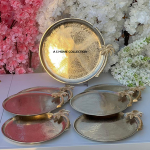 Fabulous Embossed Texture With Leafy Branch Shape Design <b>Side</b> Handles Metal Food Serving Tray Standard Table Decor - Product Image 5