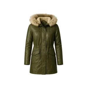 เสื้อโค้ทหนังสีเขียวมะกอกยาวพร้อมฮู้ดแต่งขนเฟอร์ - Product Image 1