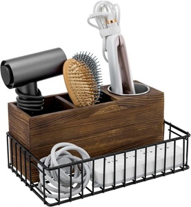 Support de rangement multifonctionnel en bois avec panier métallique pour outils et accessoires de coiffure de salle de bain - Product Image 6