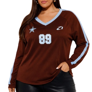 Custom Women Long Sleeve V Neck Sports Jersey <b>Top</b> Breathable Polyester Teamwear Training Custom Brown American Football jersey - Product Image 1
