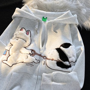 Nuevo diseño coreano bordado de dibujos animados abrigo de punto Otoño Invierno gato estampado Zip Up mujeres sudaderas con capucha Streetwear parejas ropa Top - Product Image 4