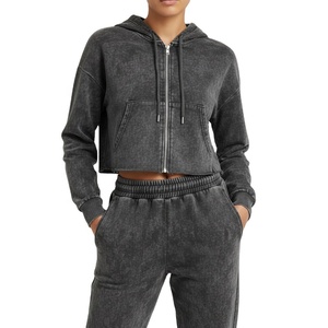 Sudadera con capucha corta y cremallera de manga larga con lavado ácido de la mejor calidad, pantalones con cordón, conjuntos de chándal Vintage con logotipo personalizado para mujer - Product Image 6