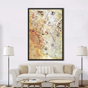 Piri Reis Map Antique Print <b>Canvas</b> - Trendy Wall Decor Artwork,Black <b>Framed</b> - Product Image 1