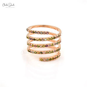 Bague en tourmaline naturelle multi-couches de 1,2 mm de diamètre, en or rose véritable 14 carats, enroulée en spirale, bijoux fins, cadeau pour femmes - Product Image 1