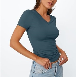 Camiseta de Hombre de Color Sólido con Cuello en V, 100% Algodón, Tela Oxford, Corte Regular, Manga Corta, Casual, Transpirable, Ecológica, de Secado Rápido - Product Image 4