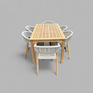 Ensemble de salle à manger Anna en bois de teck sélectionné avec une finition de couleur naturelle combinée avec une chaise en corde tissée. - Product Image 3