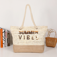Logo personnalisé grand week-end toile femmes été sac de plage sac fourre-tout à paillettes