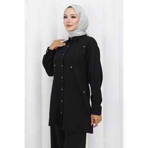 Conjunto de Dos Piezas Minimalista Casual de Longitud Media, Cuello Redondo, Color Negro Piedra, 100% Poliéster, Estilo 19367 - Product Image 2