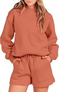 Conjunto de Sudadera con Capucha y Pantalones Cortos de Algodón para Mujer, Sensación Suave, Corte Regular, Informal, para Uso Diario, Estilo Holgado, por Encima de la Rodilla, Color Sólido - Product Image 3