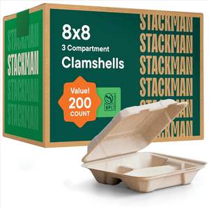 Stack Man [En vrac - 200 unités] Contenants à emporter 100% compostables 8x8 pouces 3 compartiments - Product Image 5
