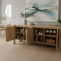Buffet moderne en chêne massif beige clair avec pieds en colonne, 4 portes, meuble de cuisine, table de cuisine, mobilier d'intérieur résistant à l'eau