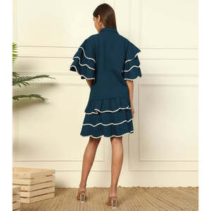 Deebaco Women's Solid Teal Cotton Shirt Dress <b>Skirt</b> <b>Co</b>-Ord Set Ruffled Sleeves Turn-down Collar Knee Length Casual Summer Wear - Product Image 4