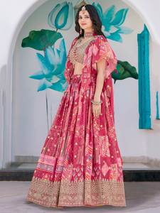 Conjunto de Lehenga Choli Moderno para Fiestas, Color Rosa, Estampado Multicolor, Bordado, con Dupatta de Chiffon de Seda de Secado Rápido, para Eventos Festivos - Product Image 3