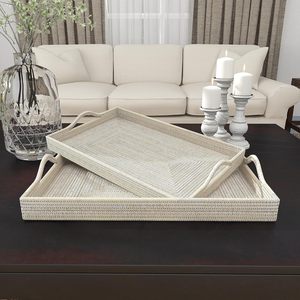 Plateau de service rectangulaire en rotin tissé à la main avec poignées Plateau décoratif en osier naturel pour la maison et la cuisine - Product Image 1