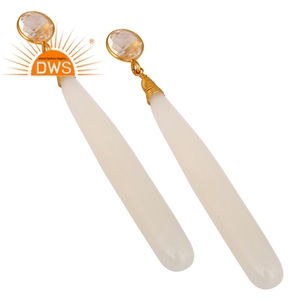 Venta caliente Plata esterlina 18K Chapado en oro Calcedonia blanca y cristal Cuarzo Piedra preciosa Cuelga Pendiente Joyería Fabricante - Product Image 2