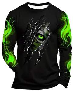 Customized Men Black Green <b>Wolf</b> Eye Graphic Long Sleeve T Shirt Streetwear Cotton Casual Slim Fit Night Glow Fashion Tee Top - Product Image 1