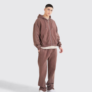100% algodón lavado ácido francés Terry chándal pantalones de chándal apilados y hombro caído cremallera Sudadera con capucha conjunto ropa de hombre - Product Image 3