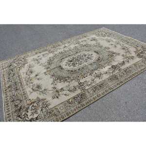 Alfombra de lana turca vintage estilo clásico de 6x9 pies con diseño rectangular de retazos beige y verde para grandes áreas con respaldo de látex - Product Image 4