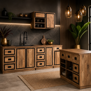 Nexa Solid Mango Wood Half Open Wall Kitchen Cabinet | Modern Industrial Kitchen <b>Storage</b> <b>Unit</b> | Upper Cabinet <b>Black</b> Metal Frame - Product Image 2