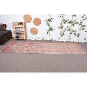 Vintage 2.7x9.6ft Classic Bohemian Geometric <b>Wool</b> Rug <b>Pink</b> Beige Patchwork Design Latex Backing for Hallway Rectangle Room Decor - Product Image 2