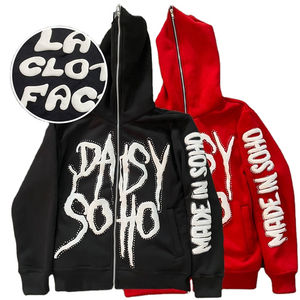 ผู้ผลิตเสื้อฮู้ดดี้ผ้าคอตตอนหนานุ่มทรงโอเวอร์ไซส์สำหรับผู้ชาย พิมพ์ลายนูน 3 มิติ แบบครอป ล้างสีแบบแอซิดวอช ซิปหน้า คุณภาพสูง - Product Image 1