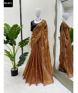 Indian Attractive Fendy Silk Material Thread With Sequnce Work Saree with <b>Gold</b> Crush <b>Blouse</b> Pieces for Party Festival Wear Saree - Product Image 1