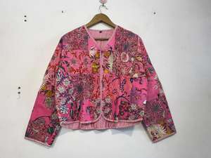 Floral Printed Kantha Quilted Cotton <b>Jacket</b> Men And Womens V Neck Cotton Patchwork <b>Jacket</b> - Boho Comfortable <b>Pink</b> Color Cotton - Product Image 6