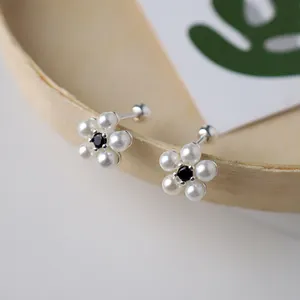 Простые модные 925 серебряные жемчужные серьги-гвоздики в форме цветка унисекс пирсинг для женщин