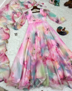 2024 verano nueva moda cuello redondo crepé rayón tejido Patchwork estampado Floral lavable Casual niñas largo de talla grande para mujer - Product Image 1