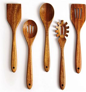 Juego de utensilios de cocina de madera de acacia hechos a mano, utensilios de cocina únicos, herramientas para ensalada de 5 piezas, incluye 2 servidores de ensalada de madera Ketchenwar - Product Image 1