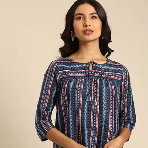 Último Diseño, Kurti Bordado de Algodón Puro Azul y Rojo para Mujer, Manga Larga, Hasta la Rodilla, Hecho a Mano en India, Alta Calidad, en Oferta - Product Image 1