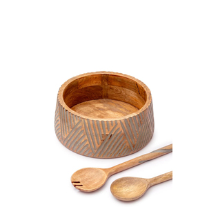 Ensemble de saladiers en bois de manguier écologique avec motif sculpté blanc cassé complexe et ustensiles assortis, parfait pour la décoration de la salle à manger à la maison - Product Image 6