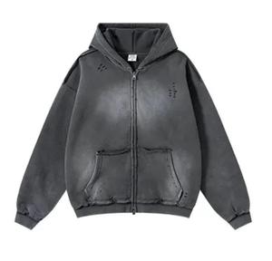 Nouvelle mode Double fermeture éclair Vintage Hoodies personnalisé Streetwear acide fermeture éclair lavé 450 GSM pull à capuche - Product Image 3
