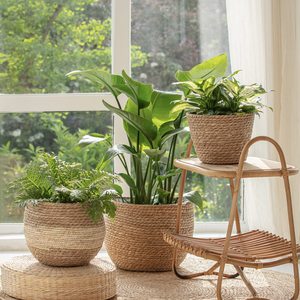 Grande jardinière écologique en jute naturel jonc de mer, couverture de pots de plantes, pots de fleurs d'intérieur avec doublure en nilon pour le jardin domestique - Product Image 1
