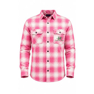 เสื้อเชิ้ตทำงานแขนยาวลายสก็อตสีชมพูสำหรับผู้ชาย ผ้าฝ้าย สวมใส่สบาย พิมพ์ลายโลโก้ด้านหน้า - Product Image 2