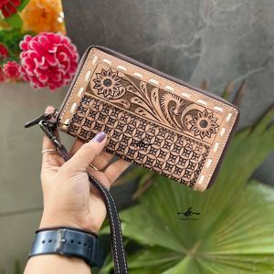 Porte-monnaie sculpté usiné à la main pochette coque de téléphone élégant en cuir véritable portefeuille de bracelet multi-utilisations nouveau Design portefeuilles occidentaux - Product Image 1