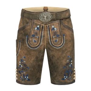 Pantalones cortos de cuero de cabra bordados Lederhosen para hombre bávaro auténtico traje de Oktoberfest proveedor OEM no tejido sólido para alemán - Product Image 1