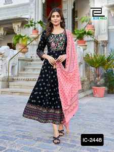 Estilo indio y pakistaní Georgette bordado trabajo Kurti Palazzo Sky Party Wear Set conjuntos de mujer con Fancy Chanderi Dupatta - Product Image 5