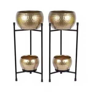 Premium Outdoor Home Decoration Hammered Design New <b>Planter</b> in <b>Gold</b> with Luxury Metal Stand Standing Gardens - Product Image 3