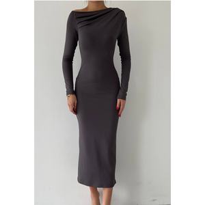 Robe midi décontractée en microfibre à manches longues, design épaules dénudées extensible effet fumé, taille naturelle, méthode de tissage non tissé 100% - Product Image 5