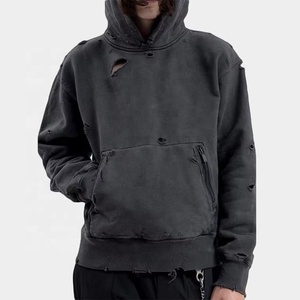 Sweat à capuche vintage délavé et vieilli pour homme, grandes tailles, sans cordons, épaules tombantes, motif brodé, coupe courte - Product Image 1