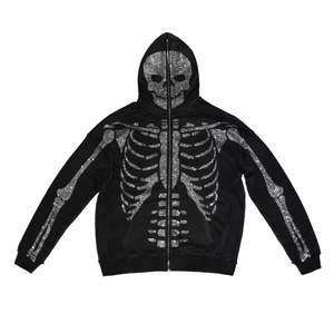 Sudadera con capucha y cremallera de diamantes de imitación de cara completa de peso pesado de alta calidad Logotipo personalizado 100% algodón de gran tamaño con cremallera negra - Product Image 1