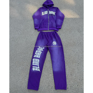 Chándal de algodón para invierno, Sudadera con capucha y pantalón de lana lavada con ácido, con estampado de llama frontal, unisex, nuevo OEM - Product Image 2