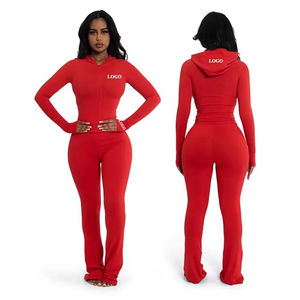 Ensemble d'hiver personnalisé solide pour femmes Veste zippée en deux pièces Pantalon de jogging évasé skinny Pantalon à capuche Basics Pantalon évasé Tenues de survêtement - Product Image 1