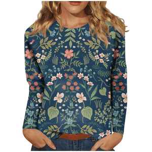 T-shirt à fleurs à manches longues pour femmes Top bleu à la mode Design imprimé en 3D pour les vacances de printemps Week-ends Col régulier Logo formel - Product Image 4