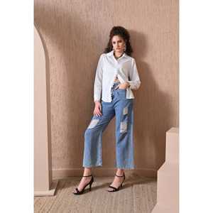 Chemise en viscose à col montant, coupe classique, avec détails en dentelle festonnée, style bohème moderne, tissée respirante, pour le bureau et l'été - Product Image 2