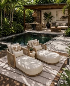 Chaise longue d'extérieur moderne en bois, lit de repos rembourré pour patio, piscine, hôtel, jardin - Product Image 1