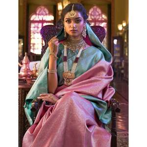 Hermoso Sari de Seda Kanjivaram Tejido con Hilo Rosa para Recepciones de Boda - Product Image 4